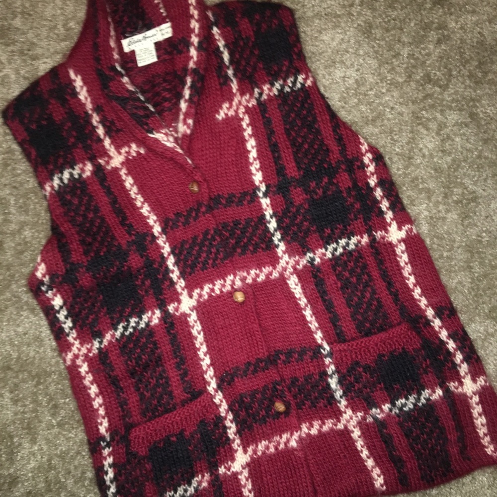 Eddie Bauer Burgundy Plaid Knit Vest